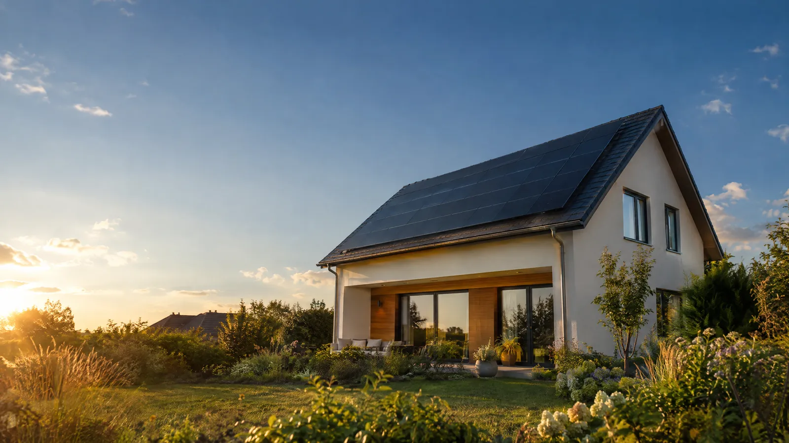 A family home with solar panels across the roof in late afternoon light