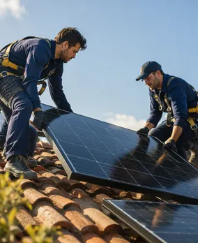 Two installers lifting a panel into place on a tiled roof