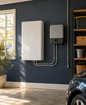 A home battery and inverter mounted on a garage wall