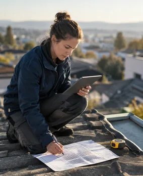 A surveyor on a roof measuring up for an array