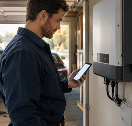 An installer checking the monitoring app beside an inverter