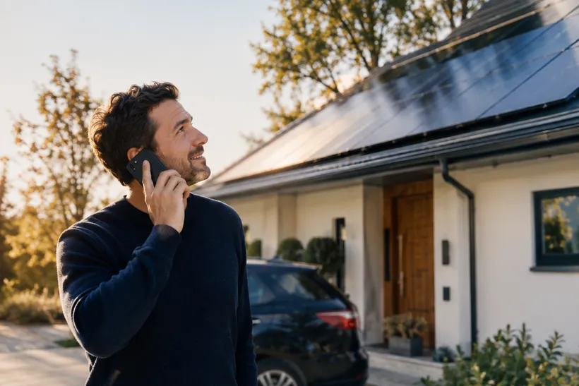 A homeowner on the phone in his driveway, panels on the roof above