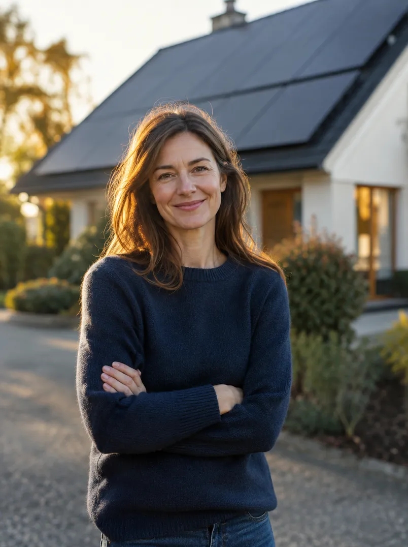 A homeowner on her driveway, solar panels on the roof behind her