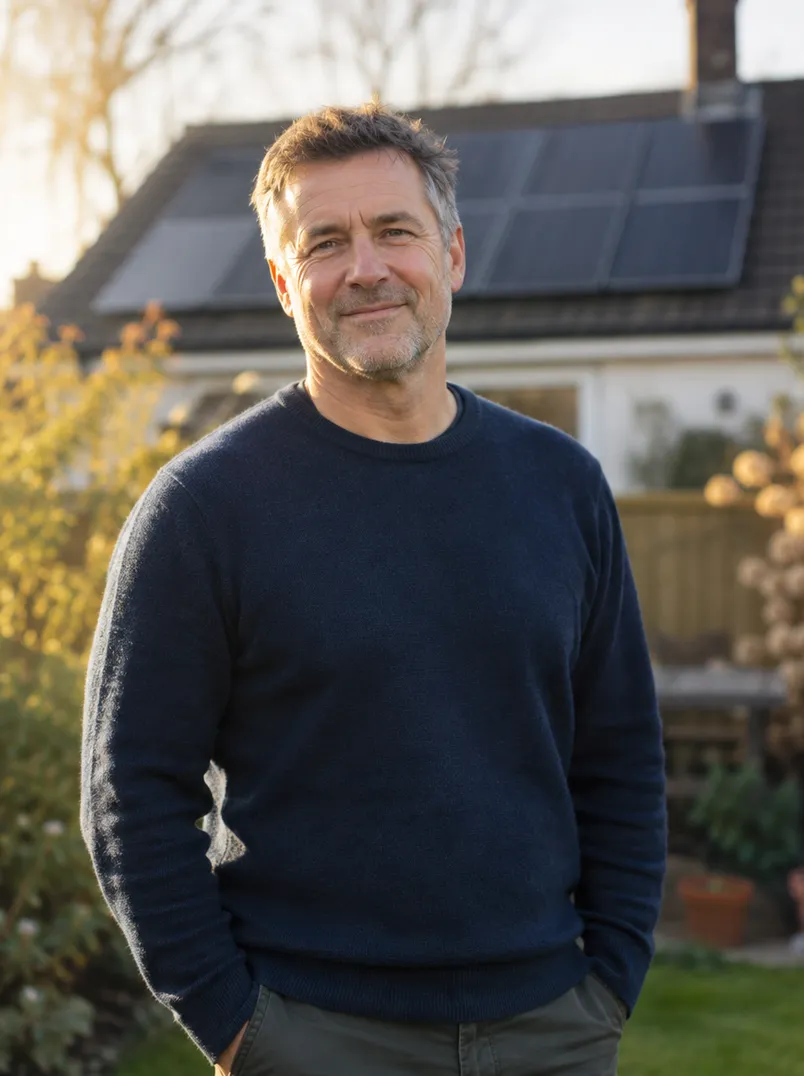 A homeowner in his back garden, solar panels on the roof behind